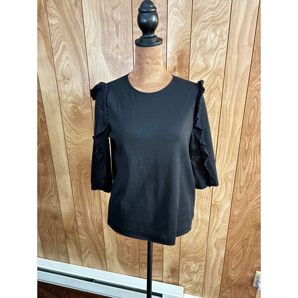Zara Trafaluc Black Ruffle Sleeve Knit Top Womens Small 3/4 Sleeve Crew Neck